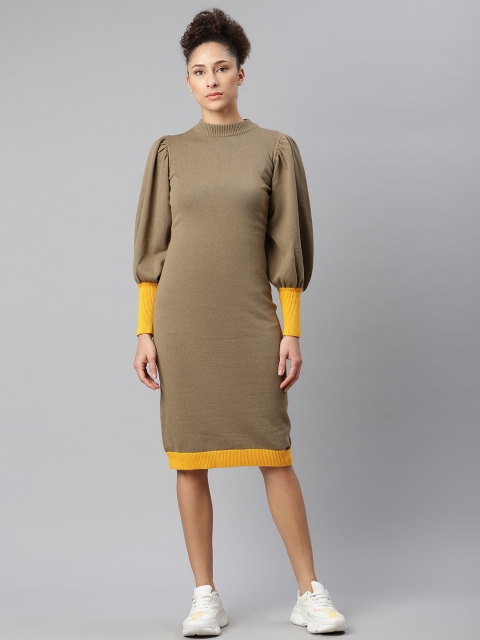 

The Roadster Lifestyle Co Women Brown Solid Bishop Sleeves Flat Knit Dress With Colourblock Detail