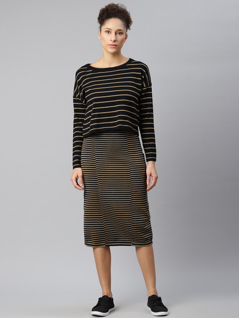 

Roadster Women Taupe & Black Striped Bodycon Dress with T-Shirt