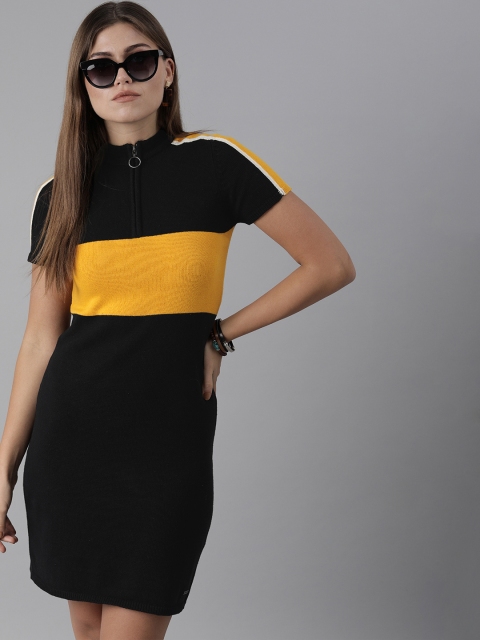 

The Roadster Lifestyle Co Women Black & Mustard Yellow Colourblocked Flat Knit Bodycon Dress