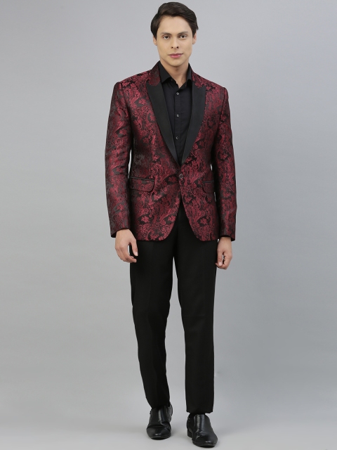 

Ethnix By Raymond Men Maroon & Black Woven Design Tailored Fit Single-Breasted Party Suit