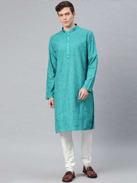 

Ethnix by Raymond Men Teal & White Embroidered Kurta with Trousers