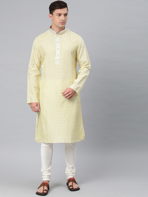 

Ethnix by Raymond Men Off-White & Yellow Printed Kurta with Churidar