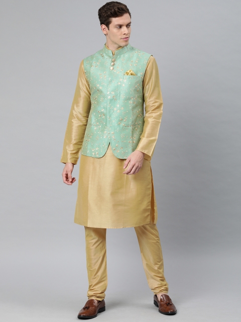 

Ethnix by Raymond Men Gold-Coloured Solid Kurta Set With Nehru Jacket