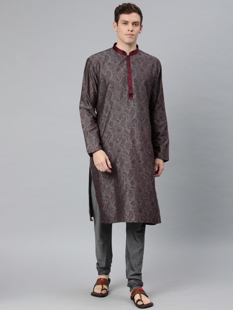 

Ethnix by Raymond Men Grey & Maroon Embroidered Kurta with Churidar