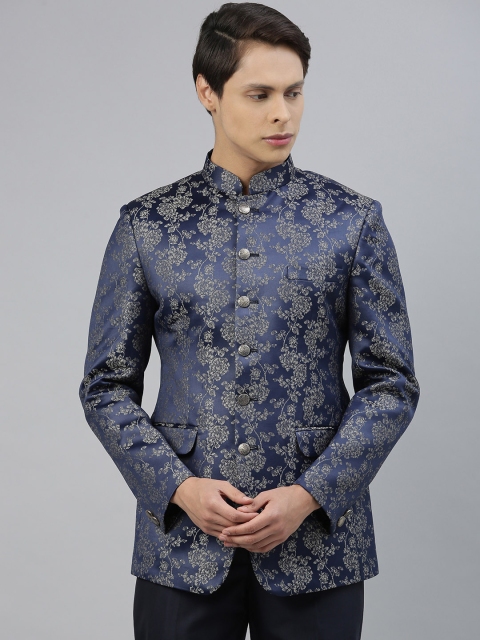 

Ethnix by Raymond Blue & Off-White Woven Design Bandhgala Blazer