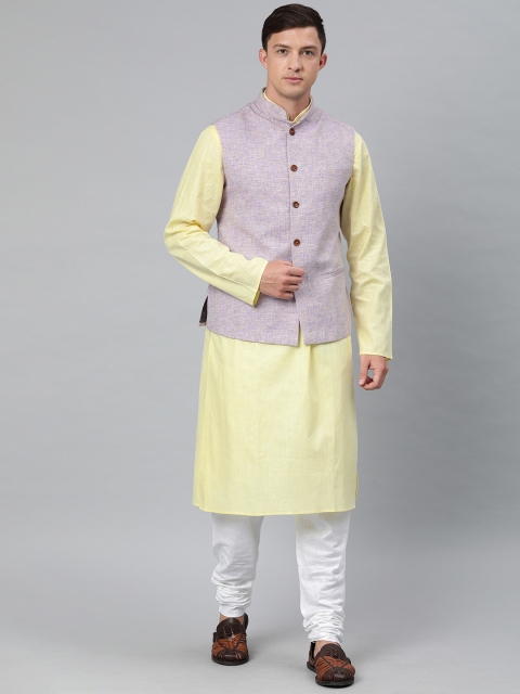 

Ethnix by Raymond Men Purple & Yellow Solid Kurta with Churidar and Nehru jacket