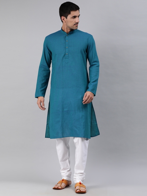 

Ethnix By Raymond Men Blue Woven Design Mandarin Collar Kurta