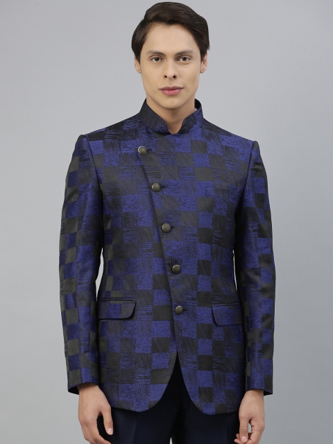 

Ethnix By Raymond Men Blue & Black Checked Bandhgala Blazer