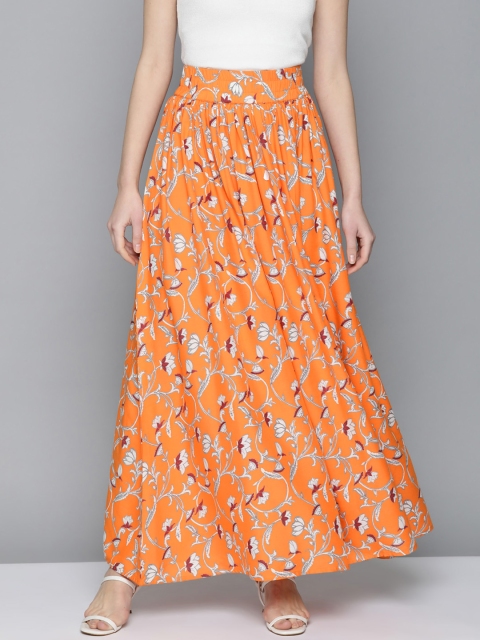 

HERE&NOW Women Orange & White Floral Print Maxi Flared Skirt