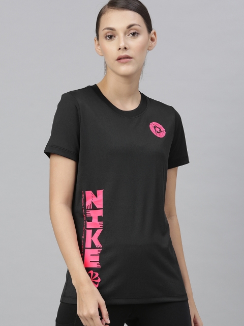 

Nike Women Black Placement Printed AS W NK DRY TEE LEG ICON CLASH Regular Top