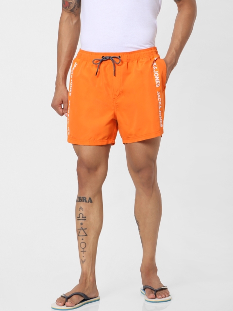 

Jack & Jones Men Orange Solid Regular Fit Swim Shorts with Printed Detail