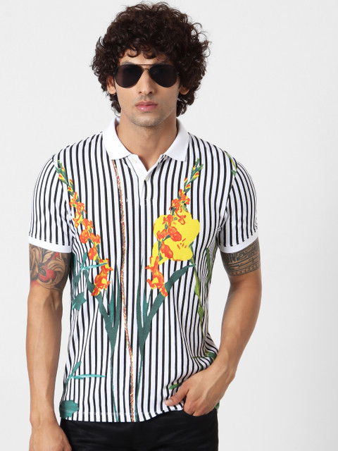 

Jack Jones Men White Striped Floral Printed Polo Collar Sustainable Pure Cotton T-shirt