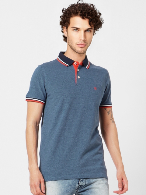

Jack Jones Men Blue Solid Polo Collar Pure Cotton T-shirt