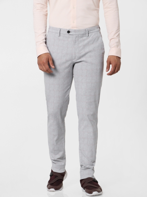 

Jack & Jones Men Grey & Coral Orange Macro Slim Fit Checked Regular Trousers