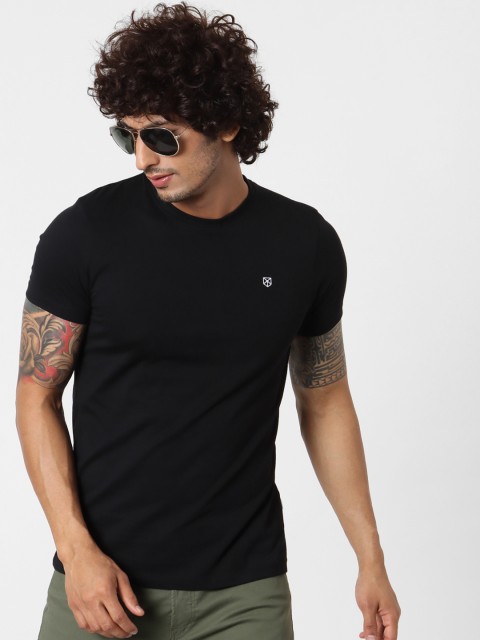 

Jack Jones Men Black Solid Slim Fit Round Neck Pure Cotton T-shirt