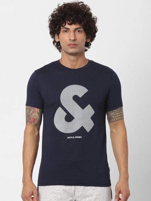 

Jack Jones Men Navy Blue Slim Fit Printed Round Neck Sustainable Pure Cotton T-shirt