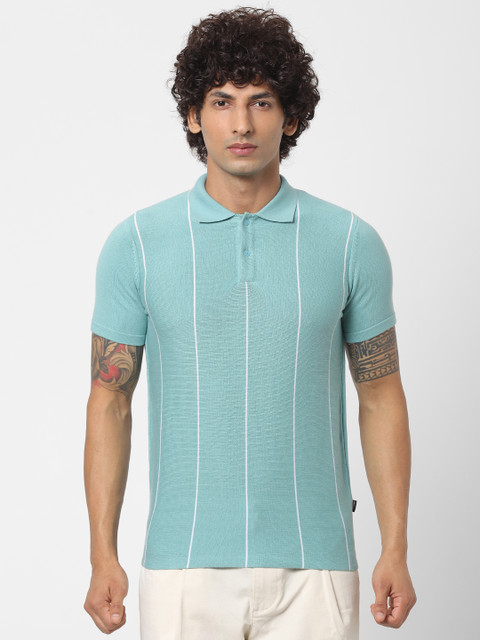 

Jack & Jones Men Turquoise Blue Striped Polo Collar Sustainable T-shirt