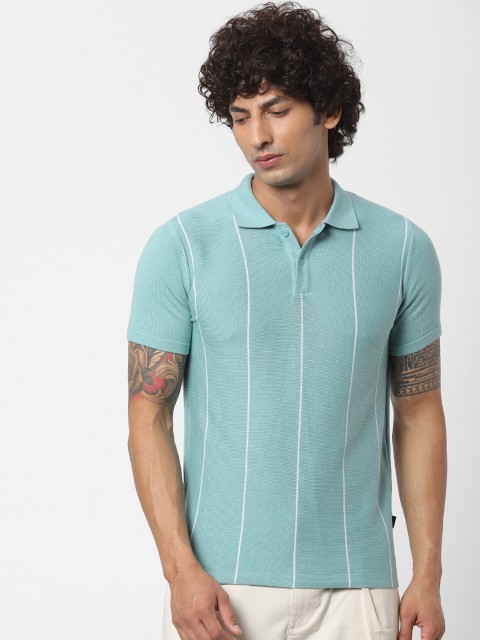 

Jack & Jones Men Turquoise Blue Striped Polo Collar T-shirt