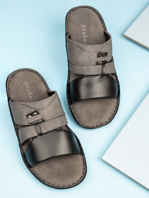 

Mast & Harbour Men Grey Leather Comfort Sandals