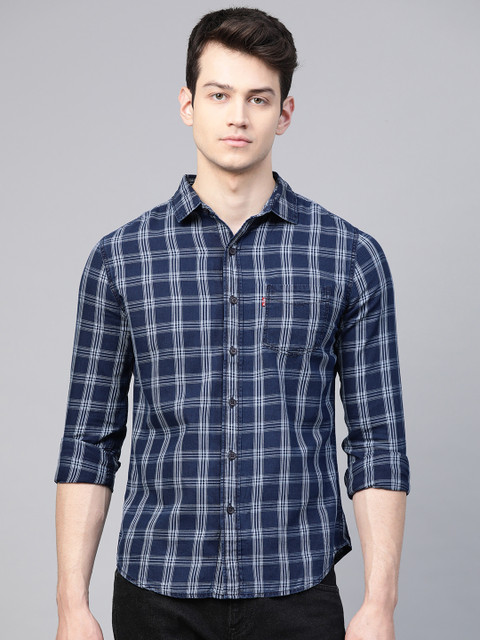 

Levis Men Navy Blue & White Pure Cotton Slim Fit Checked Casual Shirt