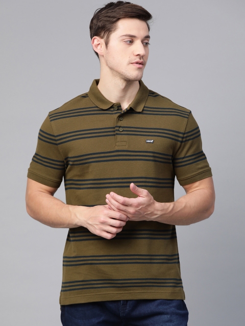

Levis Men Olive Green Blue Pure Cotton Striped Polo Collar Pure Cotton T-shirt