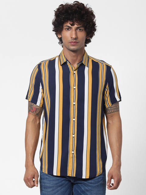 

Jack & Jones Men Yellow & Navy Blue Regular Fit Striped Casual Shirt