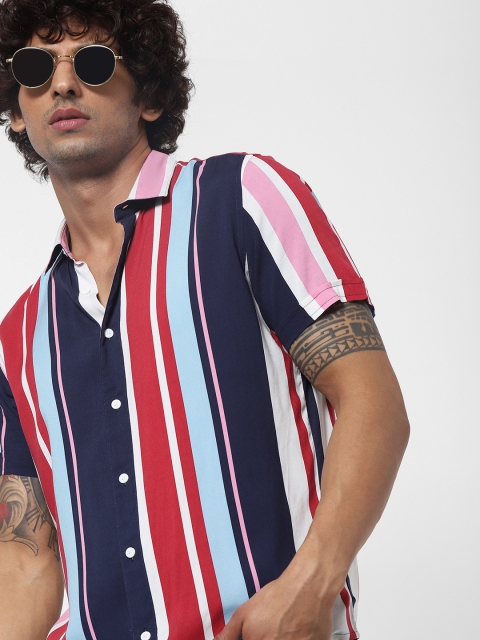 

Jack & Jones Men Navy Blue & Red Slim Fit Striped Casual Shirt