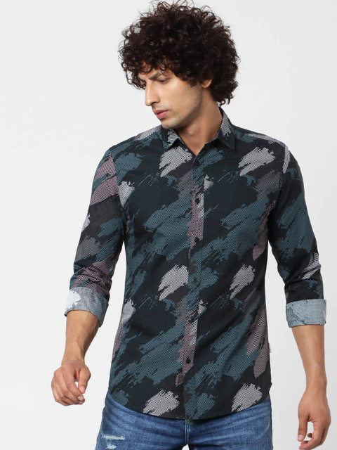 

Jack & Jones Men Black & Teal Blue Slim Fit Printed Casual Sustainable Shirt