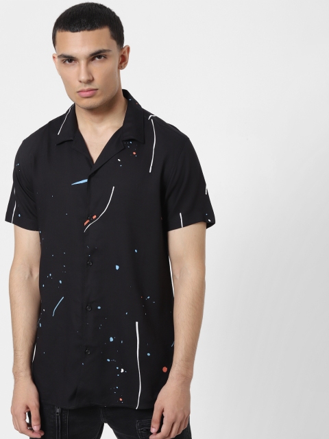 

Jack & Jones Men Black & Blue Slim Fit Paint Splatter Printed Casual Shirt