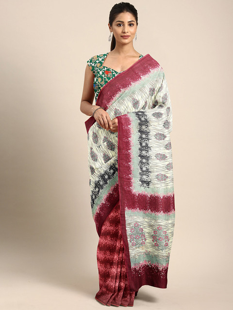 

KALINI Off-White & Maroon Cotton Blend Printed Bhagalpuri Saree