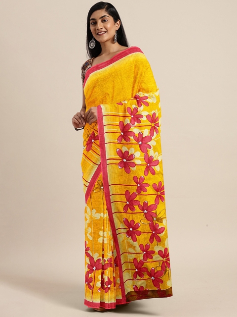 

KALINI Yellow & Pink Cotton Blend Printed Bhagalpuri Saree