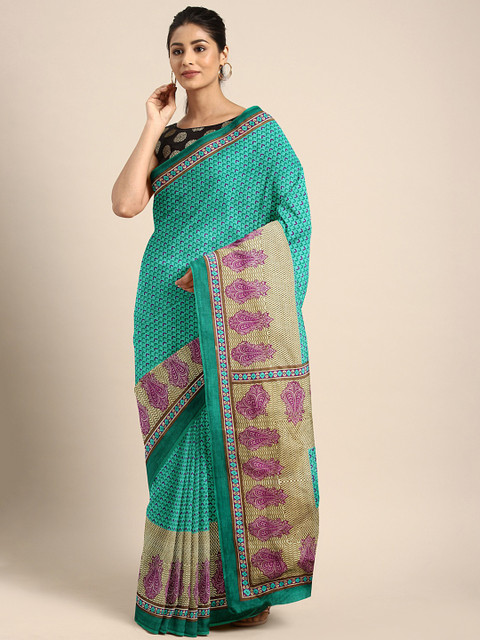 

KALINI Blue & Beige Printed Bhagalpuri Saree