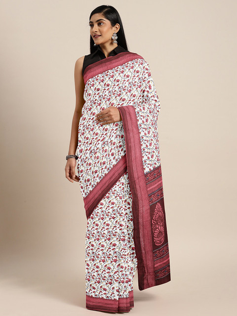 

KALINI White & Pink Cotton Blend Printed Bhagalpuri Saree