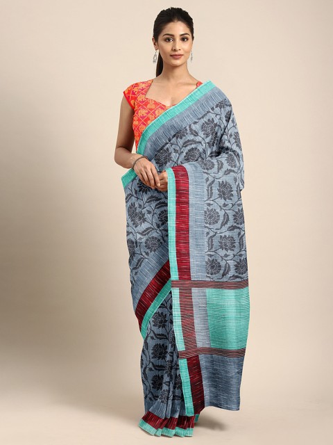 

KALINI Grey & Black Cotton Blend Printed Bhagalpuri Saree