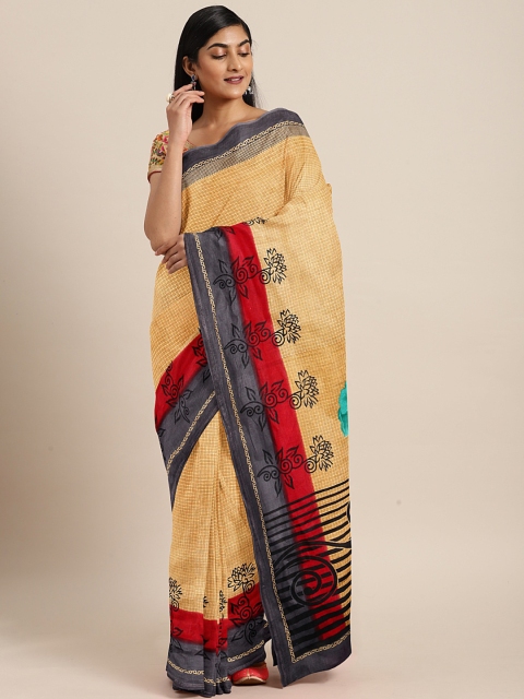 

KALINI Yellow Cotton Blend Checked Bhagalpuri Saree