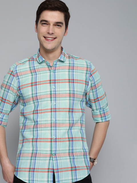 

Mast & Harbour Men Turquoise Blue Slim Fit Tartan Checked Casual Cotton Linen Shirt