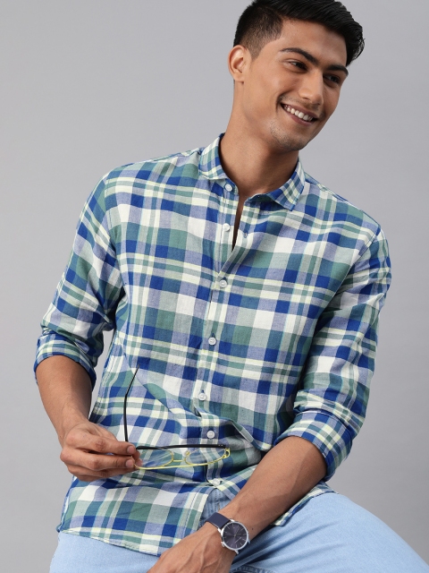 

Mast & Harbour Men Blue & Green Checked Cotton Linen Casual Shirt