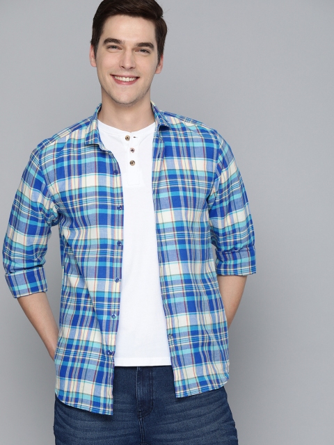 

Mast & Harbour Men Blue & White Tartan Checked Casual Cotton Linen Shirt