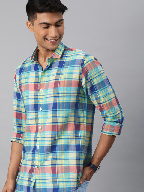 

Mast & Harbour Men Blue & Pink Checked Cotton Linen Casual Shirt