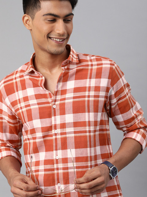 

Mast & Harbour Men Rust Orange & White Checked Cotton Linen Casual Shirt