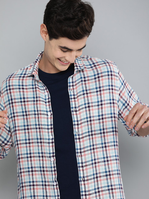 

Mast & Harbour Men Navy Blue & Pink Regular Fit Checked Casual Linen Shirt