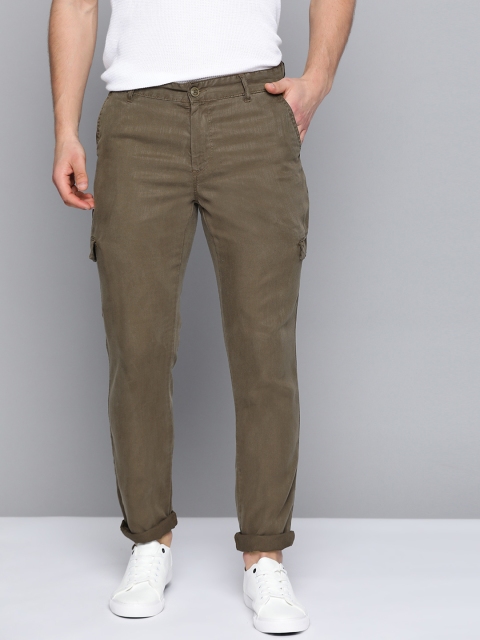 

Mast & Harbour Men Olive Green Regular Fit Solid Cargo Trousers