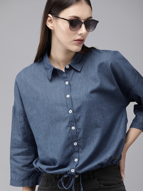 

Roadster Women Blue Regular Fit Solid Casual Shirt with Waist Tie-Up Detail