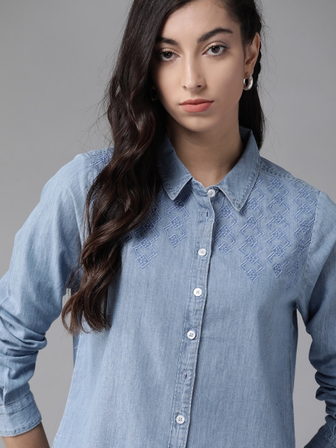 

Roadster Women Blue Pure Cotton Embroidered Denim Casual Shirt