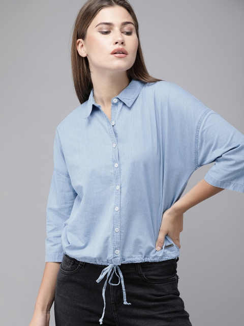 

Roadster Women Blue Regular Fit Solid Casual Shirt with Waist Tie-Up Detail