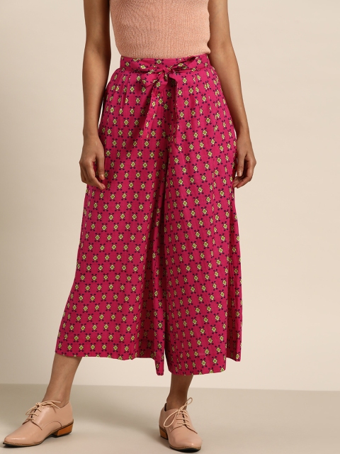 

Sangria Women Pink & Lime Green Abstract Print Pure Cotton Crop Palazzos