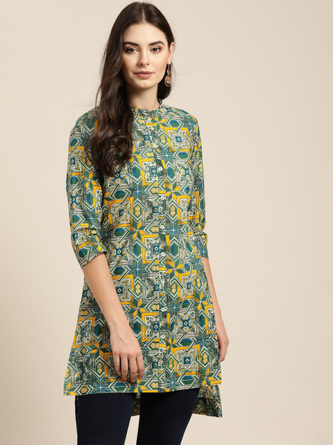 

Sangria Women Teal Blue & Yellow Pure Cotton Geometric Print Tunic
