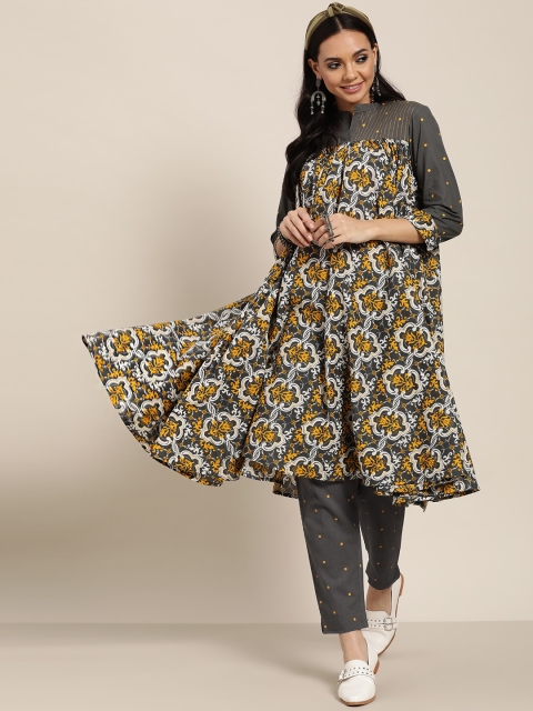 

Sangria Women Grey & Yellow Ethnic Motifs Printed Pure Cotton Kurta with Trousers