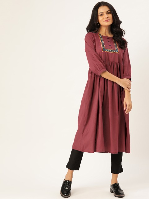 

Sangria Women Maroon & Golden Geometric Yoke Design Thread Work A-Line Kurta