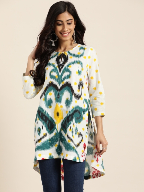 

Sangria Women White & Green Pure Cotton Ikat Print Longline High-Low Top